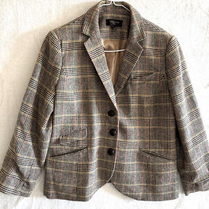 Talbots Blazer Jacket Size 14p Brown Plaid Tweed Equestrian Suede elbow Patches